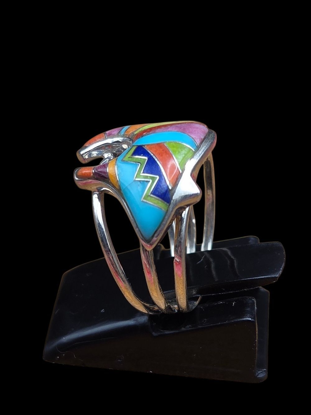 Sterling Silver Bear Multi-Stone Inlay Ring Turquoise Spiny Oyster Coral Size 5 - Picture 2 of 4